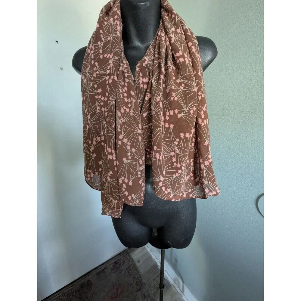 40x40 Brown Pink Floral Scarf Square Neck Shawl Chiffon Fairy Coquette Shabby Ch